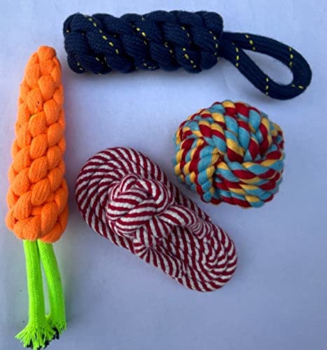 Image of Toys for Puppies 4in1 Combo with Rope Teething, Sleeper, Carrot, Aggressive Cotton Ball, Chew Toy, Training Aid for Dogs - for Small and Medium Dogs