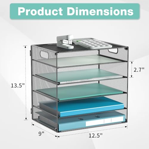 2 Pack 6 Tier Letter Tray Paper Organizer with Handle, Mental Mesh Desk File Paper Organizer for Office Home School, Black, 2 Pack