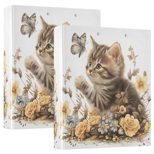 Classeur 3 anneaux 3,8 cm souple à motifs printaniers chat et papillon avec poches internes