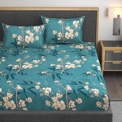 Image of Premium Heavy Cotton Elastic Fitted Bedsheets with 2 King Size Pillow Covers || Double Bed with All Around Elastic 350 TC || 72 x 78 Inch King Size Fitted || - Green Flower