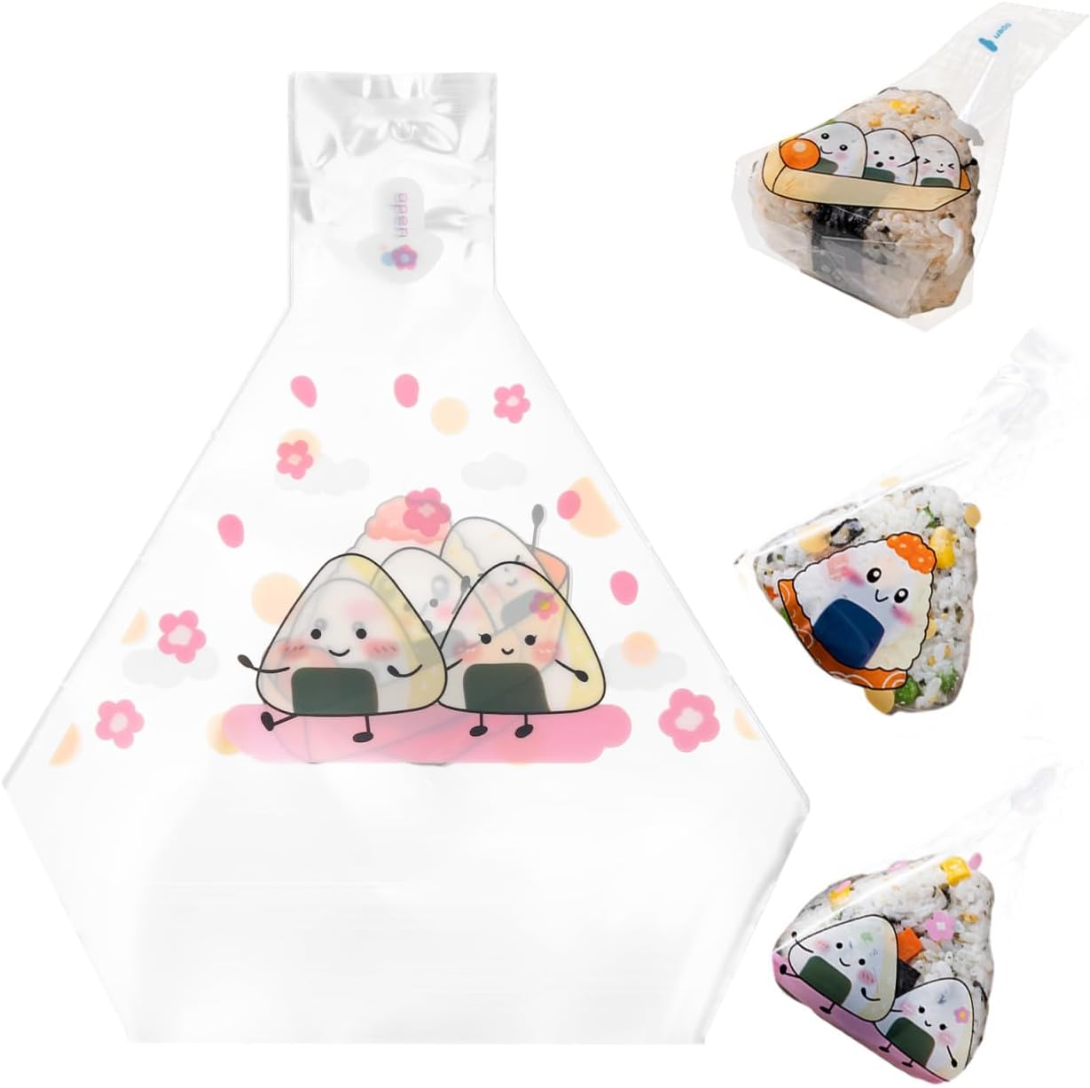 iplusmile 100Pcs Triangle Onigiri Wrappers Disposable Rice Ball Packing Bags with Creative Patterns for Home Lunchbox and Sushi Restaurant Use 7.48X5.90In