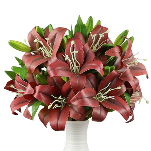 Ikosora 12 Pcs Red Artificial Lily Flower, Realistic Long Stem Real Touch Stargazer Lily