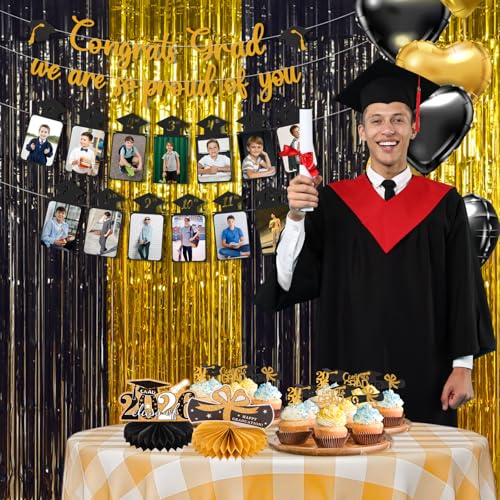 Glitter Black Gold Graduation Photo Banner for 2026 Graduation Party Decorations Congrats Grad We are So Proud of You Banner Kindergarten to 12th Grade Picture Banner for 2026 High School Grad Congratulation Party Backdrop Decorations Photo Props — view 4
