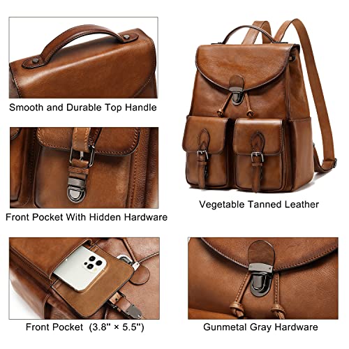 Image of COOLCY Women Vintage Genuine Leather Backpack Purse Fashion Rucksack Practical and Stylish Retro Daypack Bag (Brown)