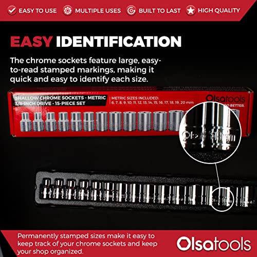 Olsa Tools Metric Socket Set (15Pc) | 3/8-Inch Drive | 6-Point Shallow Socket Set | Metric Sizes From 6 Mm To 20 Mm | Mechanic Metric Socket Sets | Short Chrome Sockets | Professional Grade #TOP2