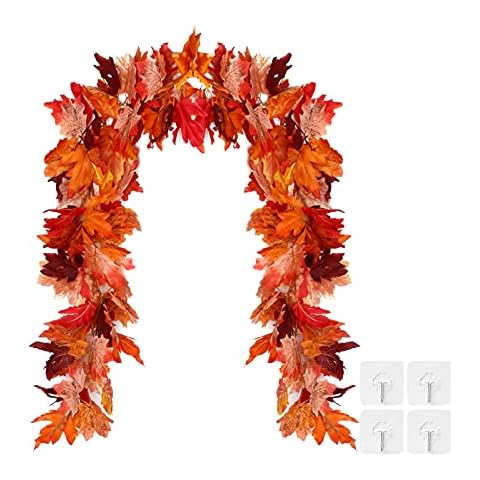 2 Pack Artificial Autumn Fall Maple Leaf Garland Hanging Plant Vines for Home Garden Fireplace Decoration Wedding Party Halloween Thanksgiving Christmas Decor Cover