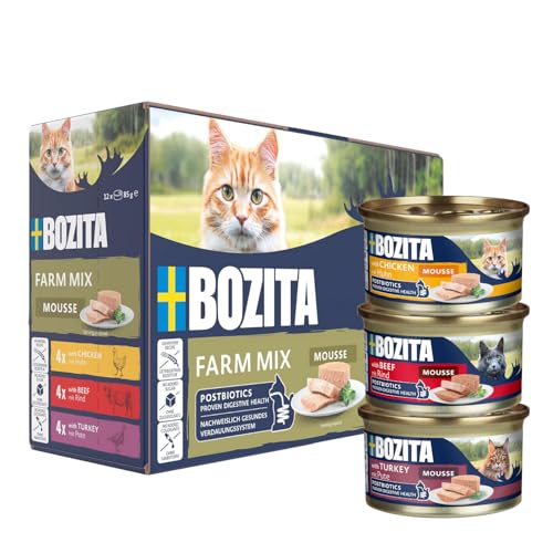 BOZITA Mousse Farm Mix 12 x 85 g – Comida húmeda para Gatos Gourmet en pequeñas dosis – con postbióticos para apoyar una Flora intestinal Saludable con Pollo, Ternera y Pavo – pienso Completo