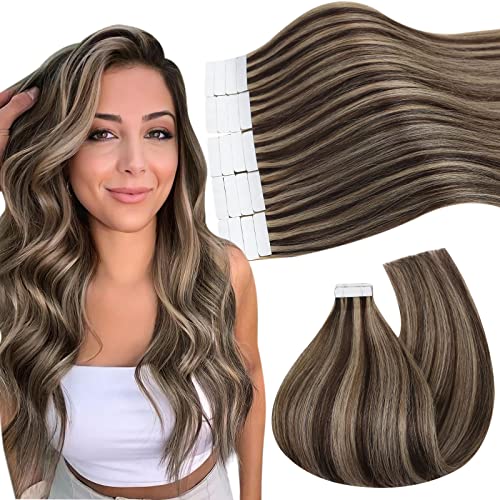 Ugeat Highlight Human Hair Tape in Extensions 22 Inch Blonde Brown Tape Hair Extensions Real Human Hair Caramel Blonde Smooth 50G 20Pcs P4/27 for Travel