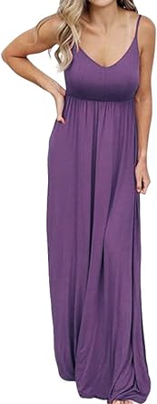 PRIMODA Womens Summer Casual Sleeveless V Neck Adjustable Spaghetti Strap Maxi Long Dress