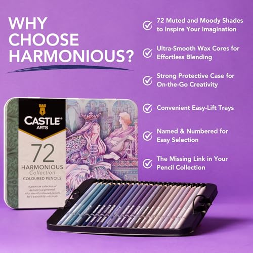 Castle Art Supplies Zestaw 72 harmonijnych kredek, na bazie wosku, miękkie kredki do profesjonalnego mieszania, unikalna wyciszona i nastrojowa paleta dla dorosłych artystów, zorganizowana w puszce