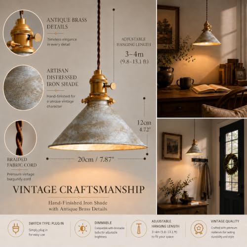 Oyisen Hanging Lights with Plug in Cord Antique Silver Cage Industrial Pendant Light On/Off Switches Distressed Vintage Metal Finish Hanging Lamp for Farmhouse, Loft & Cafe Lighting — view 6