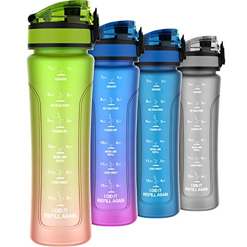 Kids Water Bottles with Times to Drink, 15oz Leak-proof Water Bottle for Kids, BPA Free Tritan Plastic, One-hand Opening Technology (Green-Orange Gradient)