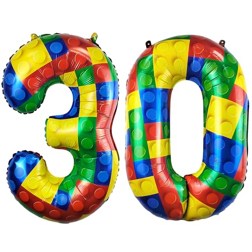Image of 32 Inch Building Block Number 30 Balloons birthday Block Themed Large Big Helium Foil Mylar Balloon for Girls Boys Birthday Party Decoration Supplies