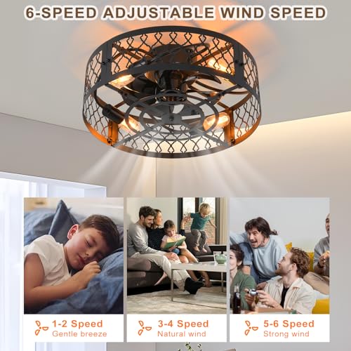Image of Garwarm 19.6in Caged Ceiling Fan with Light, Bladeless Black Fandelier Ceiling Fans with Lights, Industrial Farmhouse Samll Fan Lights Ceiling Fixtures for Kitchen, Bedroom（6 Speed, Timing）-Black