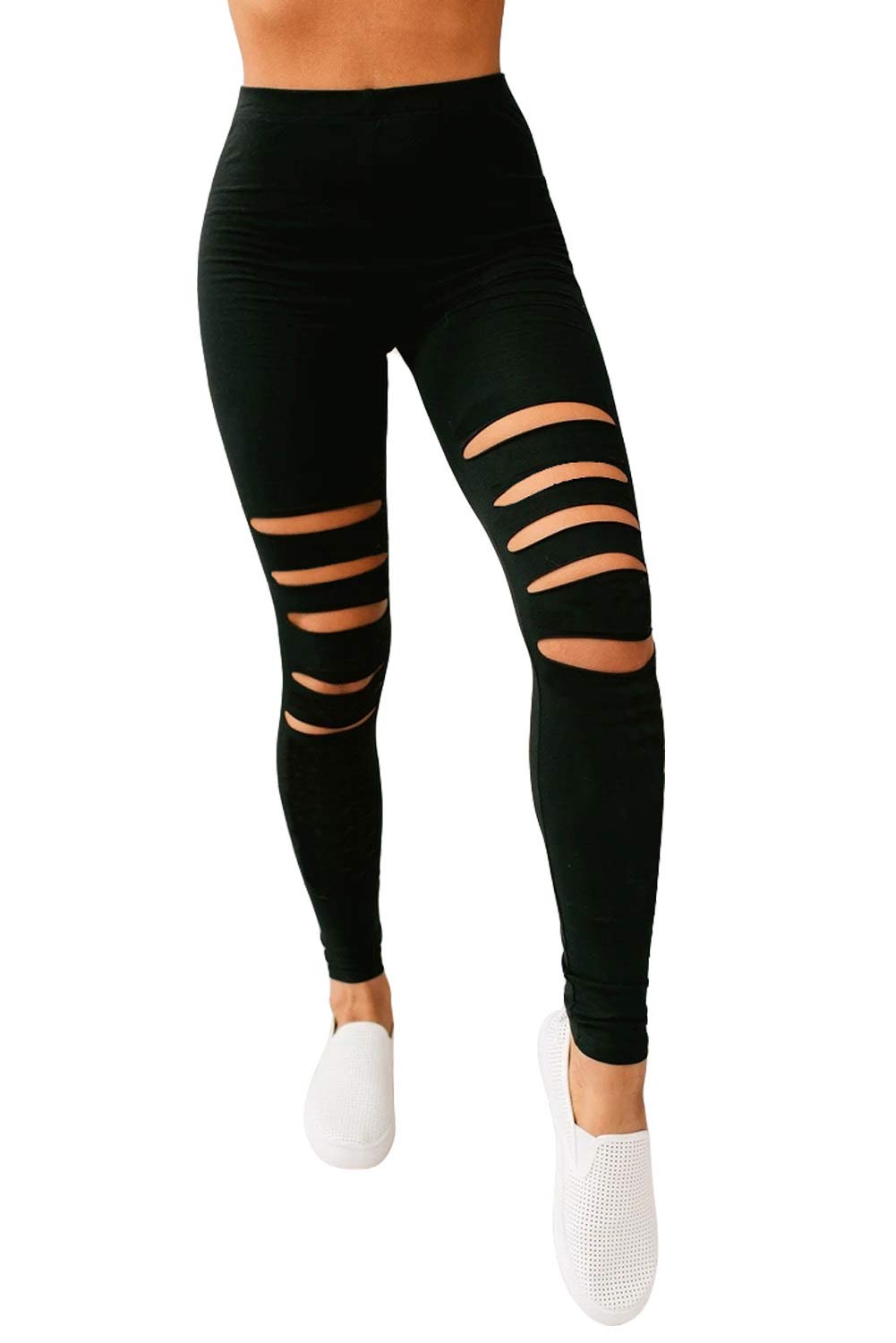 Kewing Women's Black High Waist Yoga Pants Cutout Ripped Skinny Leggings For Super Soft And Comfortable