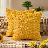 DFXSZ Spring Summer Pillow Covers 18x18 inch Set of 2 Farmhouse Decor White Flower Heart Sunflower Yellow Soft Plush Faux Fur Jacquard Throw Pillows for Sofa Holiday Spring Home Decor PTK024D18