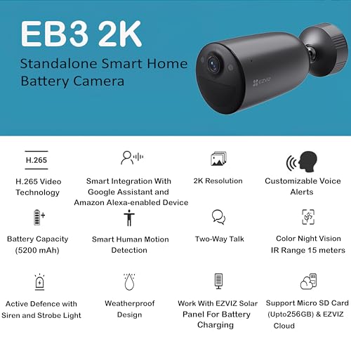 Image of EZVIZ WiFi Camera, Outdoor Security Camera, 2K Wireless Solar + Battery Powered CCTV Camera, Color Night Vision, 2-Way Talk, Human Detection, Active Defense, Weatherproof, Alexa, EB3