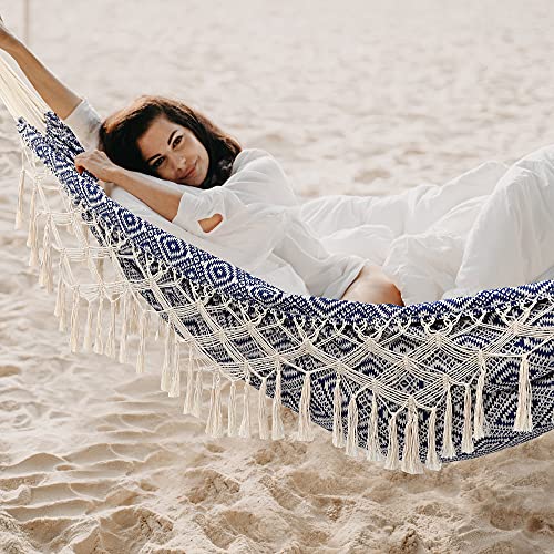Backyard Hammock With Tassels,Garden Hammocks With Portable Carry,Bag Deluxe Macrame Fringe For Patio,Garden,Backyard,Beach,Outdoor And Indoor Porch Fabric, Up To 450Lbs (Blue-Diamond) #TOP4