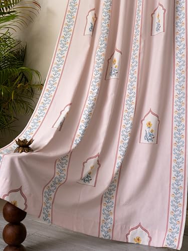 Image of Tranquebar Curtain Co. Window Curtains 5 Feet, 60-65% Room Darkening,Multi Peach Mughal Print, Cotton Curtains for Window, Cotton Curtains 5 Feet Long Set of 2, BackTab Loops,Noor (152 cm) - Set of 2
