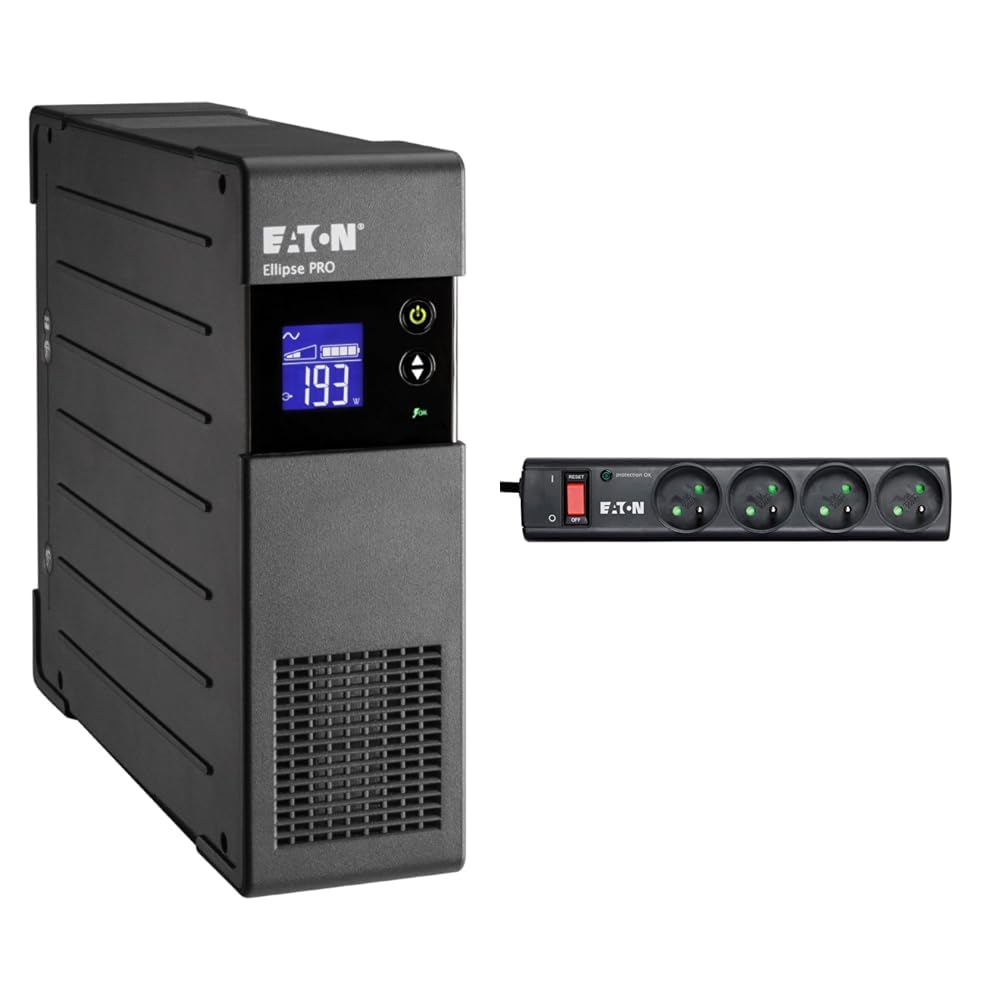 Eaton Onduleur Ellipse Pro 850 FR - Line Interactive UPS - ELP850FR - Puissance 850VA (4 Prises FR) & Multiprise/Parafoudre - Eaton Protection Strip 4 FR - PS4F - 4 Prises FR - Noir