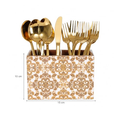 Image of Wooden Spoon Holder for Dining Table | 2-Section Cutlery Storage Box | Kitchen Utensil Organizer with Elegant Gold Pattern | Multipurpose Tabletop Stand | 10 x 16 x 12 cm (Gold Design)