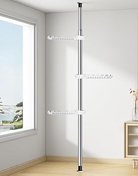 3-Tier Clothes Drying Rack Adjustable Coat Hanger Garment Stand Floor to Ceiling Laundry Pole Tension Rod Storage Organizer for Hanging Clothing, Scarves, Hats, Bags, Purses 43.3-122.04