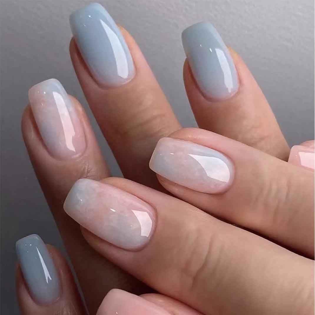 Medium Press on Nails Coffin Blue Glossy Full Cover - 24 PCS