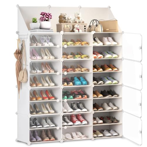 La Mejor Recopilación de Home Depot Zapateras para comprar online. 45 DAHAN Zapatero con Cubierta, 3 x 8 Niveles de Cajas de Zapatos de Estantes, Organizador Cajas de Zapatos de Estantes de Plástico para Zapatos y Juguetes, para Entrada, Guardarropa