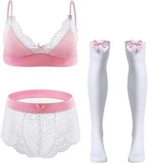 ABAFIP Men Sissy Underwear Floral Lace Bra Bikini Panties Bowknot Stockings 3 Piece Nightwear
