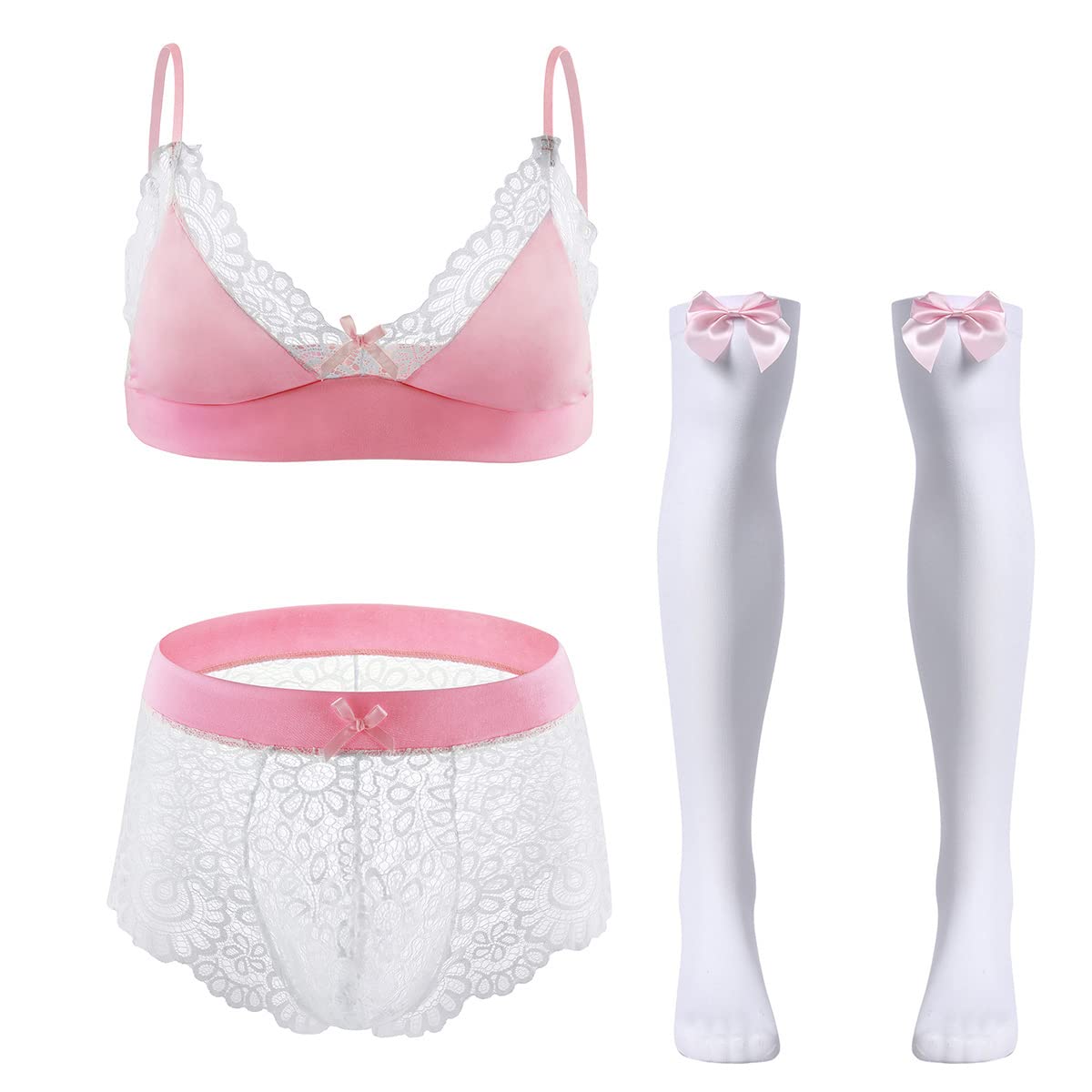 ABAFIP Herren Sissy Unterwäsche Blumen-Spitze BH Bikini Höschen Schleife Strümpfe 3-teiliges Nachtwäsche Set