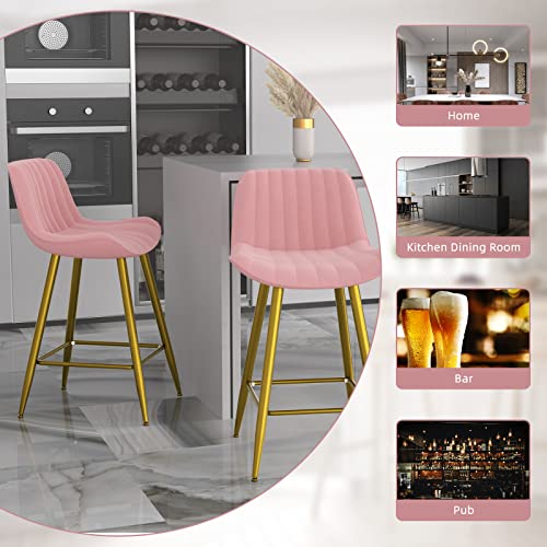 Sucrever Bar Stools Set Of 2, 24" Bar Chairs Velvet Upholstered Counter Height Bar Stools With Back Gold Metal Legs And Footrest, Modern Bar Stools Barstools For Kitchen Counter Bistro Pub, Pink #TOP6