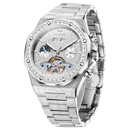 OLEVS Montre Homme Automatique Tourbillon Diamant Luxe Dresswatch Cadran Blanc Acier Inoxydable Étanche Lumineuse Montre