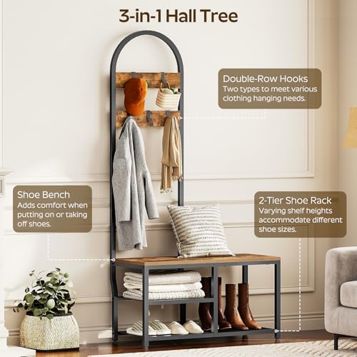 YATINEY Hall Tree, Coat Rack with Shoe Storage, Entryway Bench with Coat Rack and Shoe Shelf, All-in-One Entryway Storage Organizer, for Foyer, Hallway, Cloakroom, Rustic Brown and Black MT04BRY1 - Thumbnail 5