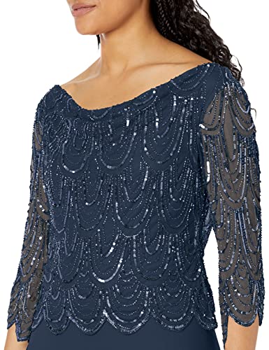 J Kara Women's 3/4 Scallop Beaded Pop Over Gown, Navy/Mercury, 8 #TOP2
