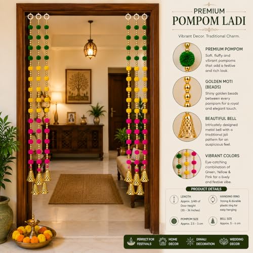 Image of BindianPom Pom Beads & Golden Bell Toran for Main Door, Pack of 10 Door Hanging Decorative Items, Home Decor Wall Hanging Decoration, Pooja Room Decor, Festival Decoration