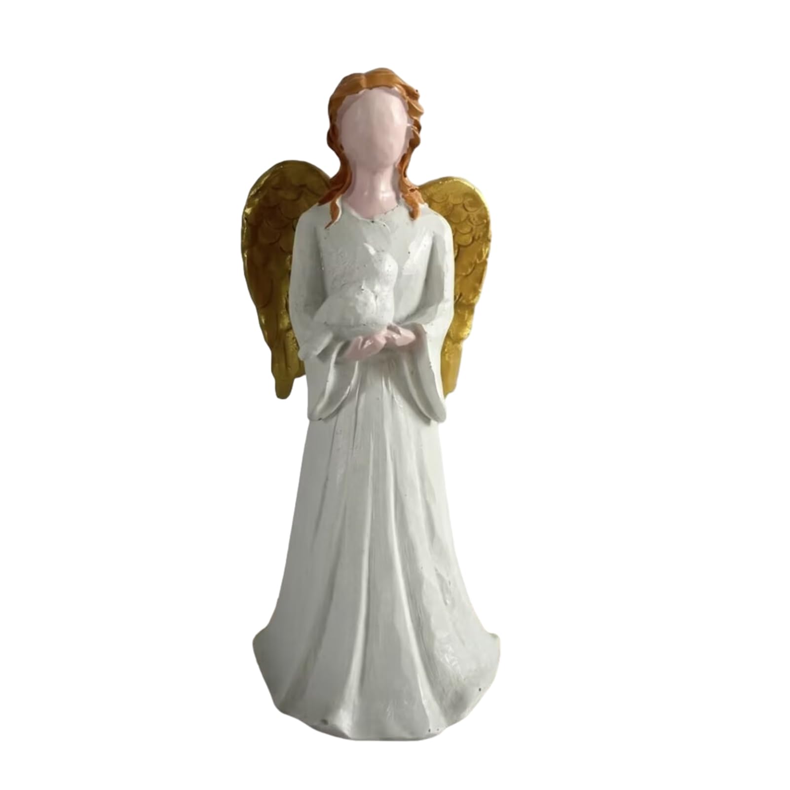 Glifora Angel Figurine - Resin Gold Wing Angel Statue, White Skirt Faceless Angel Holding Pigeon, Hand-Painted Home Decor