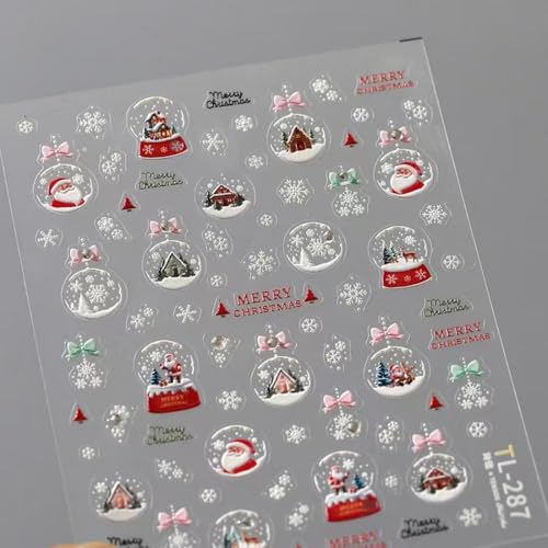 Image of 5D Embossed Christmas Nail Stickers for Nails Art Design Santa Claus Crystal Ball Nail Art Stickers Bow Snowflake Nails Decals Self-Adhesive White Red Nails Decals for Women Manicure Supply