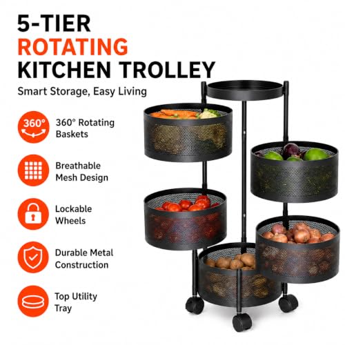 Image of Homeor 5 Layer Kitchen Trolley with Wheels | 360 Rotating Metal Storage Rack for Vegetables, Fruits, Onion & Spices | Square Multipurpose Kitchen Organizer Stand | Metal Kitchen Trolley, Matte Black