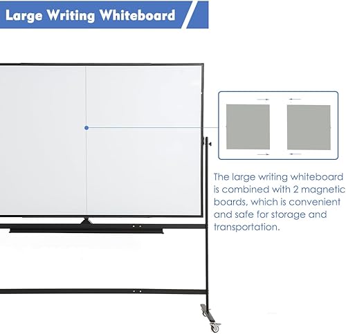 Miniatura 7 de Pizarra blanca móvil magnética grande de 96 x 48 pulgadas, soporte rodante de doble cara sobre ruedas, pizarra blanca reversible ajustable de