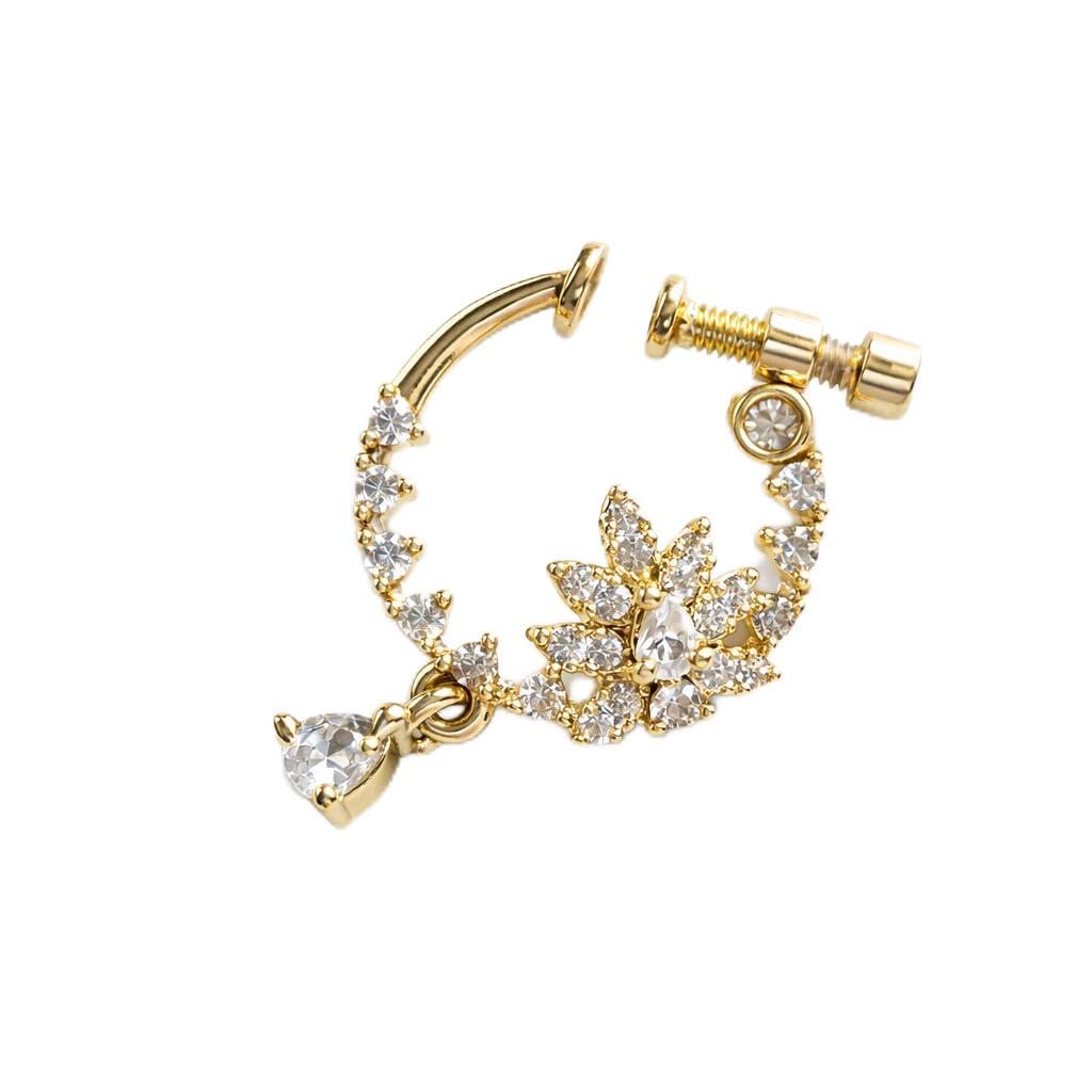 18K Gold Plated Floral Nose Ring with Cubic Zirconia Stones, Screw-Back Closure, Teardrop Charm, for Non-Pierced Ears-image-23