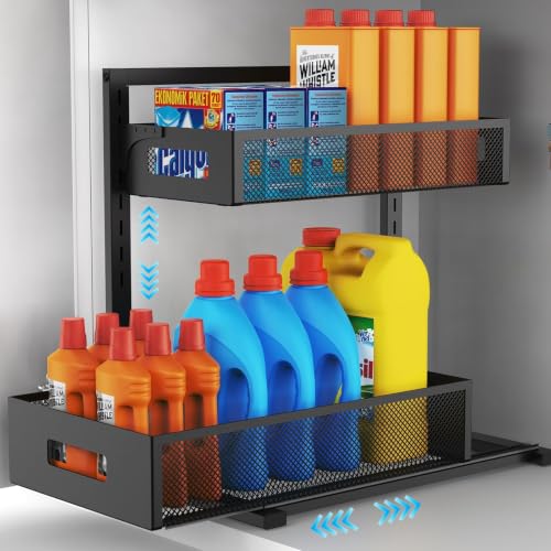 Image of Petiza Under Sink Organizer Pull Out Cabinet Organizer Adjustable Height 2 Tier with Sliding Drawers Kitchen Bathroom Organizer and Storage(1pc) (Pack of 6)