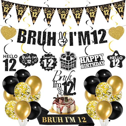 12th Birthday Party Decorations Set - 28 Pcs Black and Gold BRUH IM 12 Glitter Banners Latex Balloons Sash and Hanging Swirls for Teen Boys 12th Party Supplies