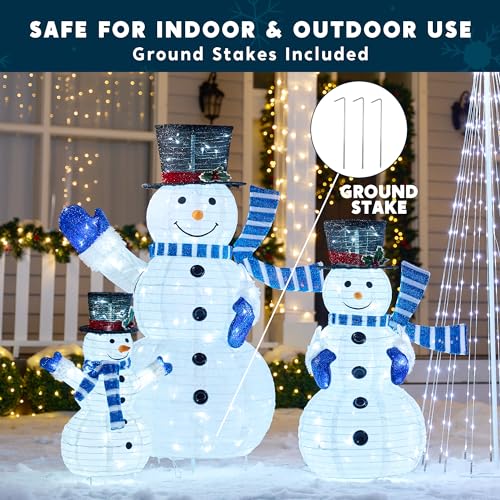 JOIEDOMI 3 Pcs 3D Christmas Collapsible Snowman Yard Light 270 Pre-Lit LED Cool White Lights for Indoor Outdoor Garden Holiday Décor, Christmas Event Decoration, Christmas Eve Night, Blue Scarf - Image 3