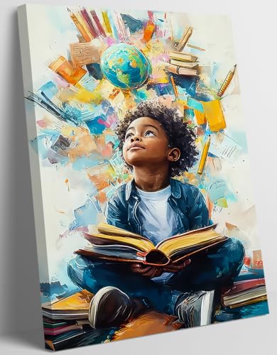 Image of Black Boy Reading Canvas Wall Art Inspirational Books For African American Boys Painting Picture Wall Decor African Boy Poster Print Artwork for Teenagers' Living Room Study Home Decoration 12x16in