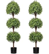 THE BLOOM TIMES 55" Tall Artificial Boxwood Triple Ball Topiary Trees, UV Resistant Large Fake Po...