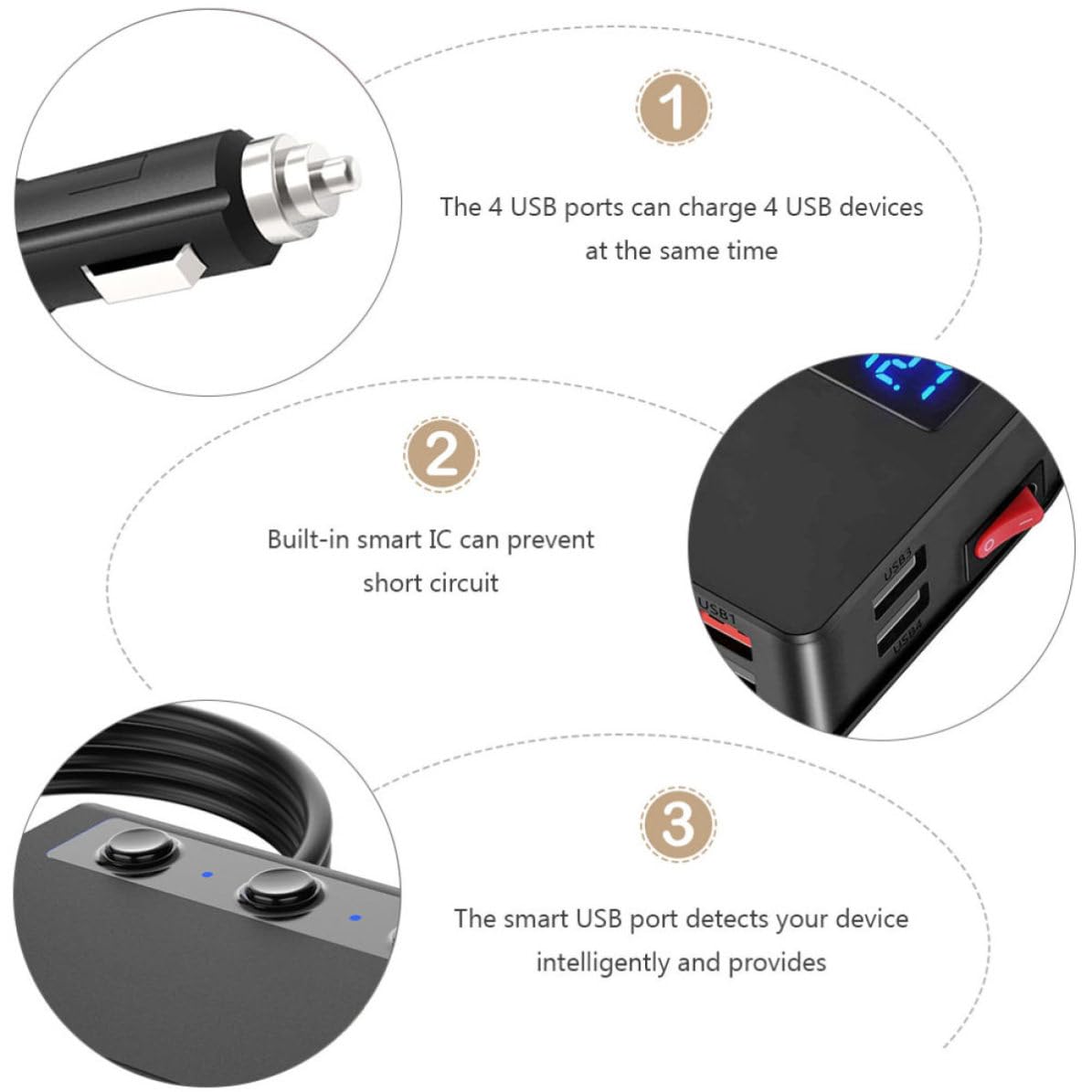 Cargador de Coche 180 W 4 USB y 3 Mechero, PC Negro