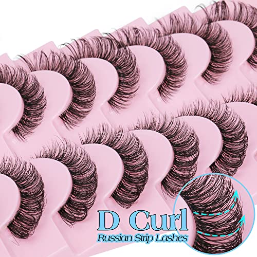 Russian Strip Lashes Natural Look Cat Eye Style With Clear Band 8 Pairs Fluffy Wispy 3D Effect False Eyelashes Thin Volume Fake Lashes Pack By Gvefetiee #TOP1