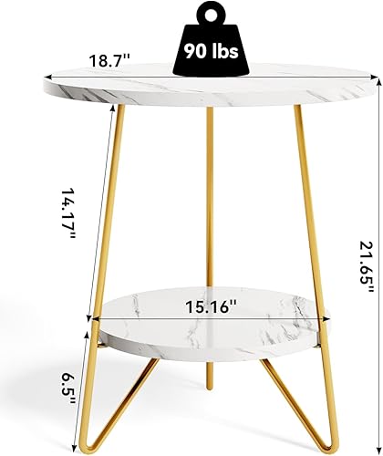 Miniatura 3 de LITTLE TREE Mesa auxiliar redonda de mármol sintético de 2 niveles con estantes, mesa de centro pequeña para sala de estar, color blanco y dorado