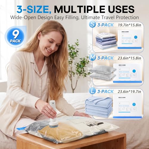 9 Pack Vacuum Storage Bags for Travel with Rechargeable Cordless Pump, Space Saver Bags for Clothes, Compression Packing Bags for Luggage and Suitcase, Blue — view 2