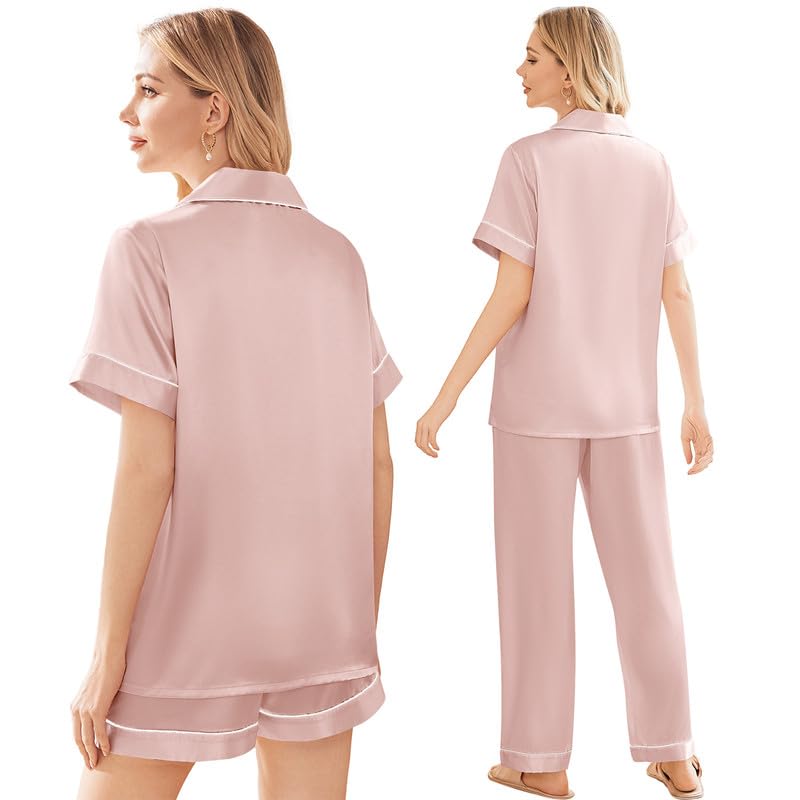 Image of Ekouaer Silk Pajamas for Women Set Satin Soft Short Sleeve Button Down Pjs | 3 Piece Loungewear,Comfy Sleepwear,Silky Smooth Fabric,Gift for wedding,Bridal Party,Coffee Time,Vacation